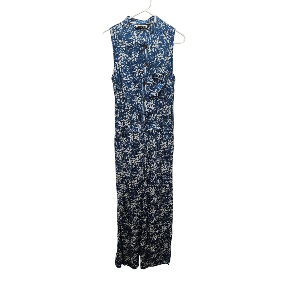 Soft Surroundings Blue White Floral Sleeveless Wide Leg Jumpsuit Sz S